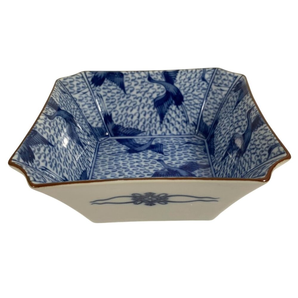 Fitz and Floyd Japan Early 20th Century Blue Off-white Trinket Dish Cranes